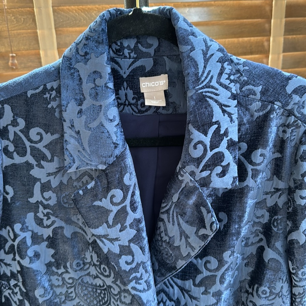 CHICO’S | Flocked Navy Longline Blazer | Chico’s Size 1